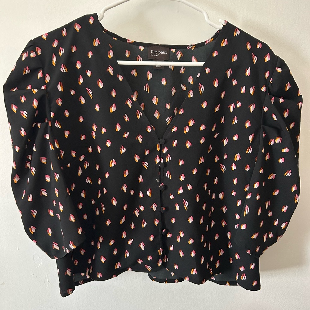 Free Press Black Blouse with Pink Pattern